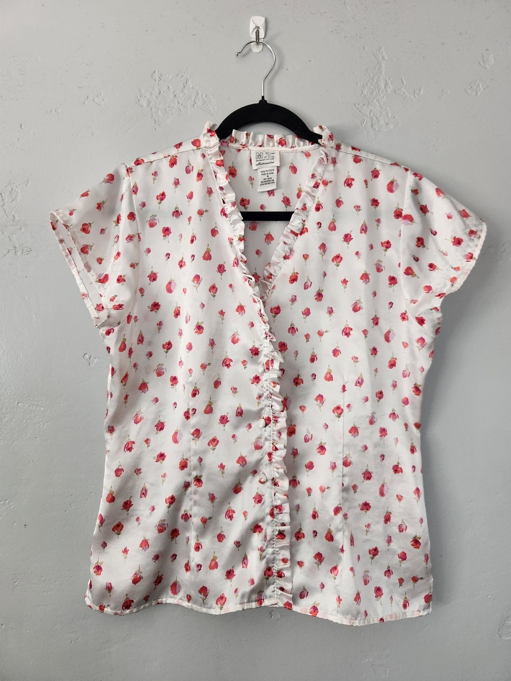 Vintage Satin Morgan Taylor Button Up Rose Printed Cap Sleeve PJ Top Small